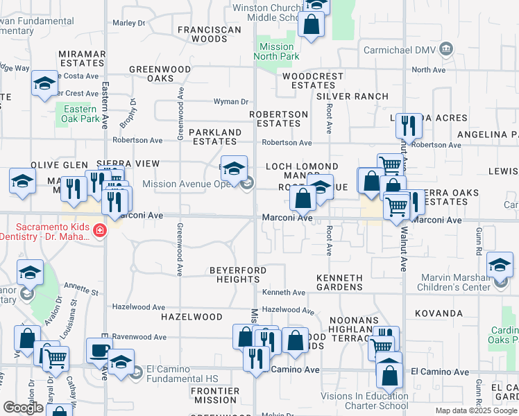 map of restaurants, bars, coffee shops, grocery stores, and more near 4725 Marconi Avenue in Carmichael