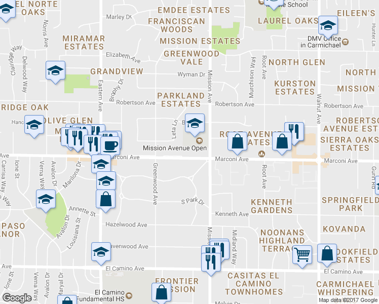 map of restaurants, bars, coffee shops, grocery stores, and more near 4600 Marconi Avenue in Sacramento