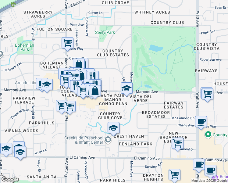 map of restaurants, bars, coffee shops, grocery stores, and more near 2873 Santa Paula Court in Sacramento