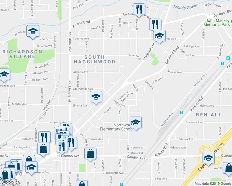 map of restaurants, bars, coffee shops, grocery stores, and more near 2822 Del Paso Boulevard in Sacramento