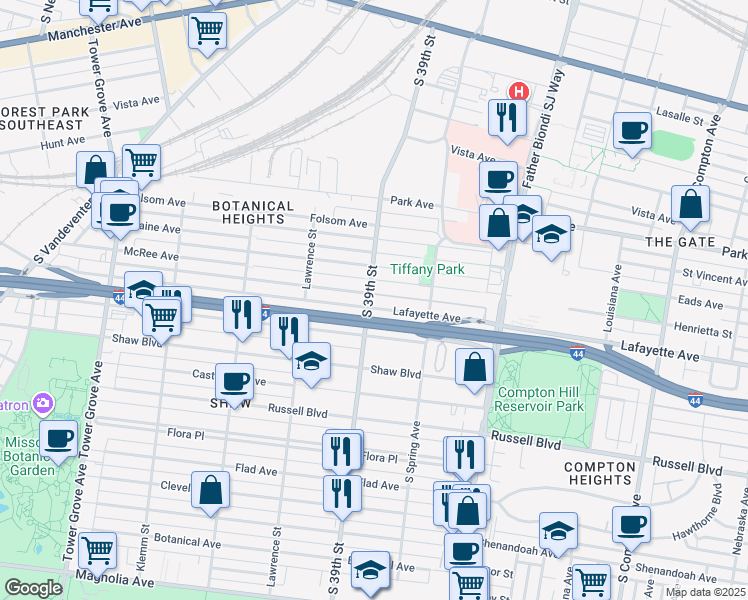 map of restaurants, bars, coffee shops, grocery stores, and more near 3857 Lafayette Avenue in St. Louis