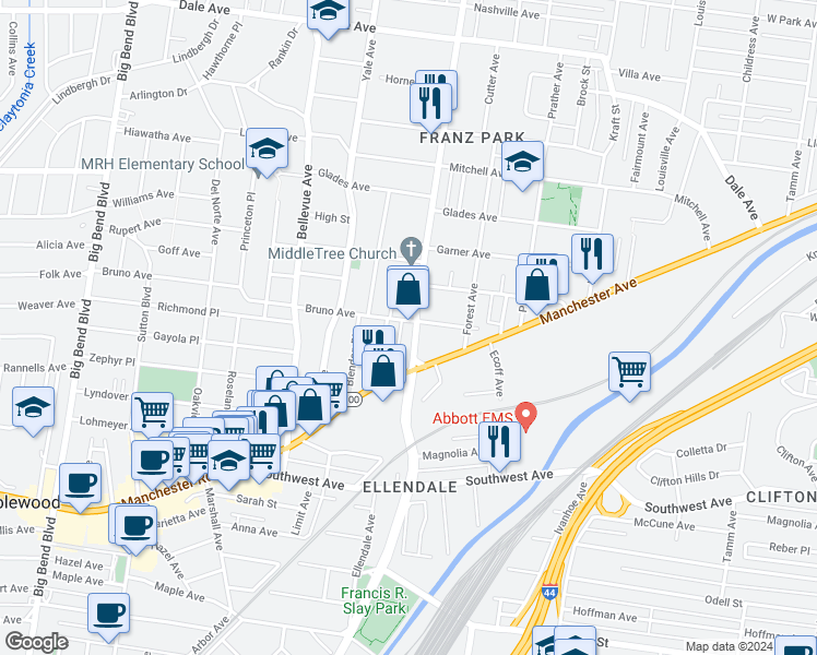 map of restaurants, bars, coffee shops, grocery stores, and more near 2219 McCausland Avenue in St. Louis
