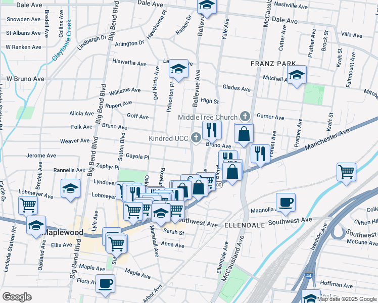 map of restaurants, bars, coffee shops, grocery stores, and more near 2317 Bellevue Avenue in Maplewood