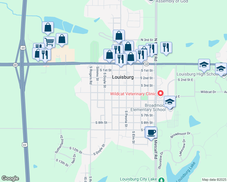 map of restaurants, bars, coffee shops, grocery stores, and more near 402 South Broadway Street in Louisburg