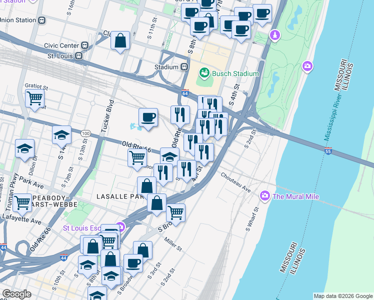 map of restaurants, bars, coffee shops, grocery stores, and more near Mac Arthur Bridge in St. Louis