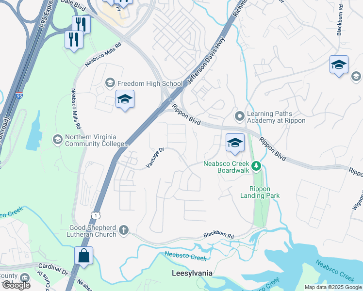 map of restaurants, bars, coffee shops, grocery stores, and more near 2207 Diloreta Drive in Woodbridge