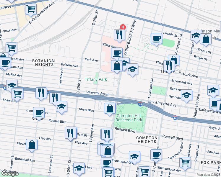 map of restaurants, bars, coffee shops, grocery stores, and more near 3619 Lafayette Avenue in St. Louis