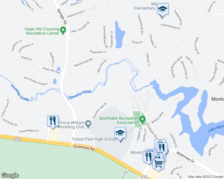 map of restaurants, bars, coffee shops, grocery stores, and more near 5290 Gunston Hall Drive in Woodbridge