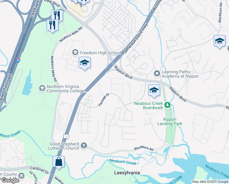 map of restaurants, bars, coffee shops, grocery stores, and more near 2227 Diloreta Drive in Woodbridge