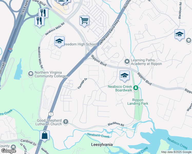 map of restaurants, bars, coffee shops, grocery stores, and more near 2207 Diloreta Drive in Woodbridge