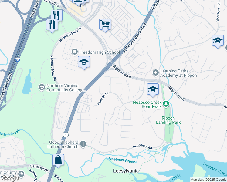 map of restaurants, bars, coffee shops, grocery stores, and more near 2227 Diloreta Drive in Woodbridge
