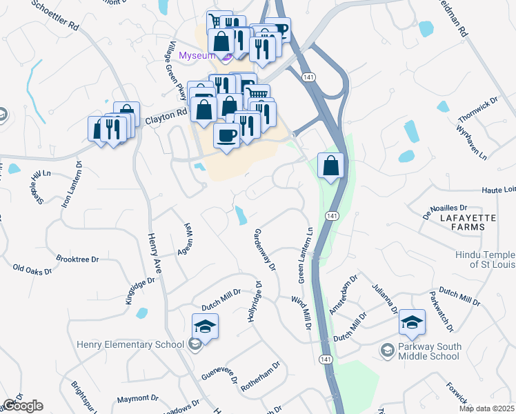map of restaurants, bars, coffee shops, grocery stores, and more near 753 Clubhouse Drive in Ballwin