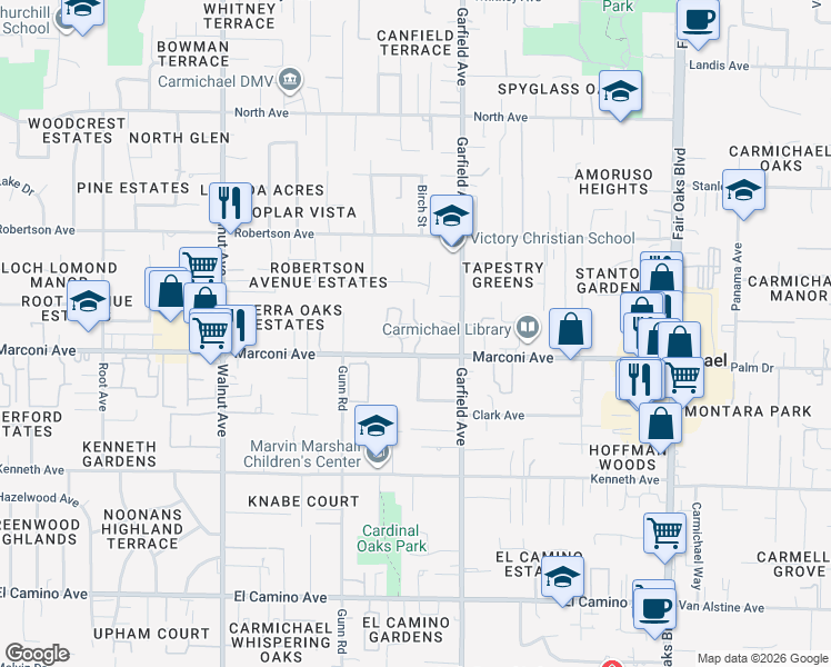 map of restaurants, bars, coffee shops, grocery stores, and more near 5413 Marconi Avenue in Carmichael