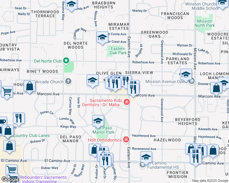 map of restaurants, bars, coffee shops, grocery stores, and more near 4200 Marconi Avenue in Sacramento