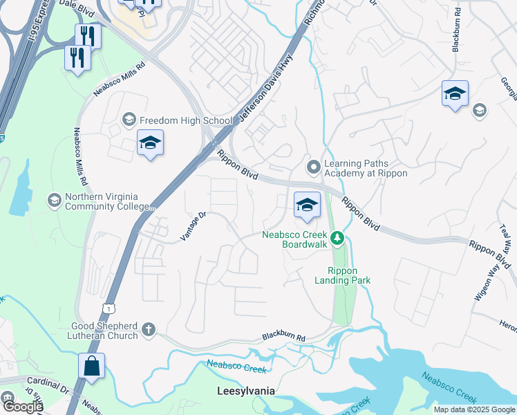 map of restaurants, bars, coffee shops, grocery stores, and more near 15359 Gatehouse Terrace in Woodbridge
