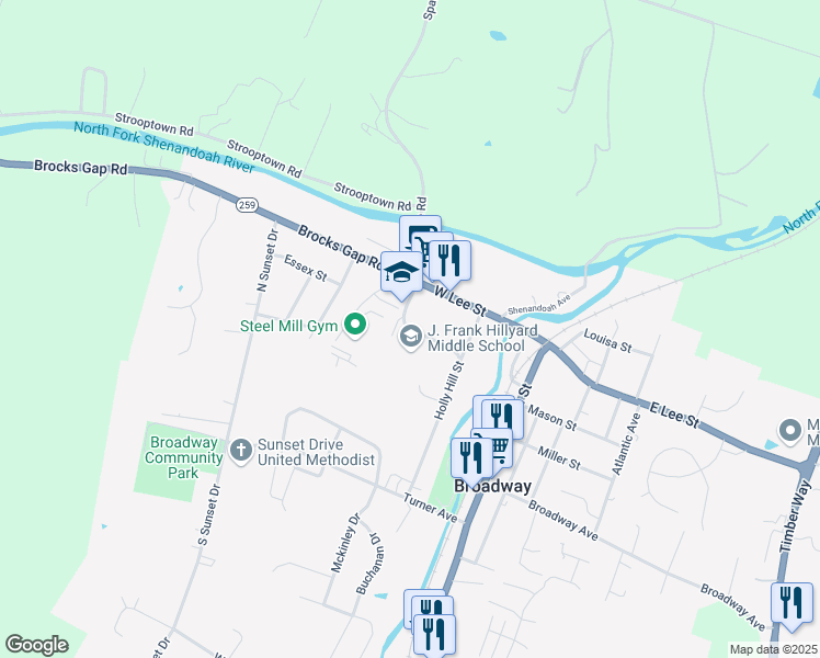 map of restaurants, bars, coffee shops, grocery stores, and more near Hawks Hill Drive in Broadway