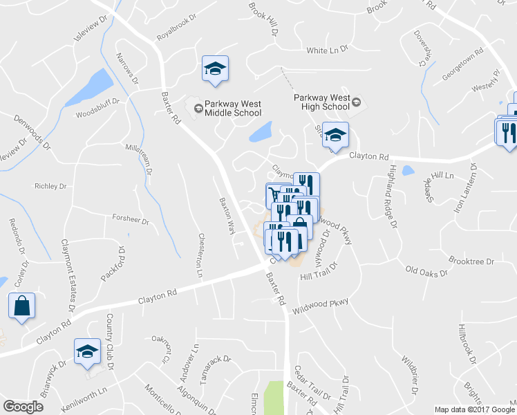 map of restaurants, bars, coffee shops, grocery stores, and more near 14847 Clayton Road in Chesterfield