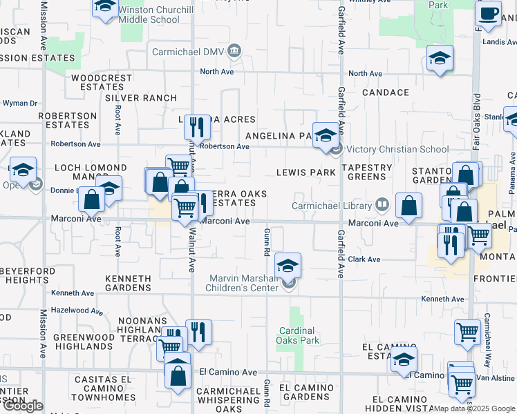 map of restaurants, bars, coffee shops, grocery stores, and more near 5241 Marconi Avenue in Carmichael