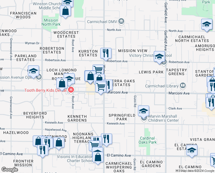 map of restaurants, bars, coffee shops, grocery stores, and more near 5101 Marconi Avenue in Carmichael