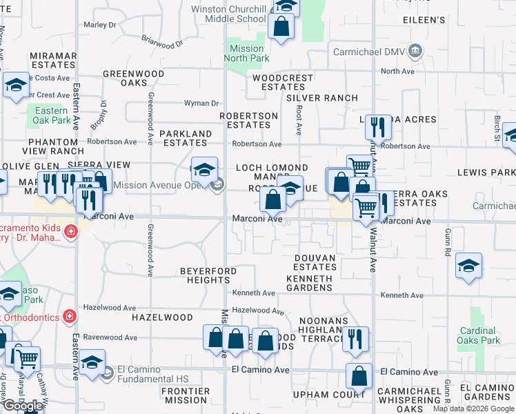 map of restaurants, bars, coffee shops, grocery stores, and more near 4801 Marconi Avenue in Carmichael