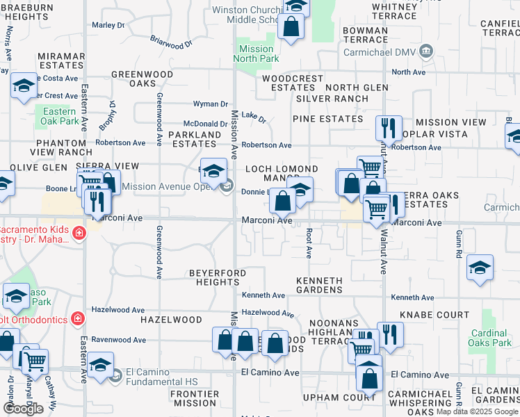 map of restaurants, bars, coffee shops, grocery stores, and more near 4801 Marconi Avenue in Carmichael
