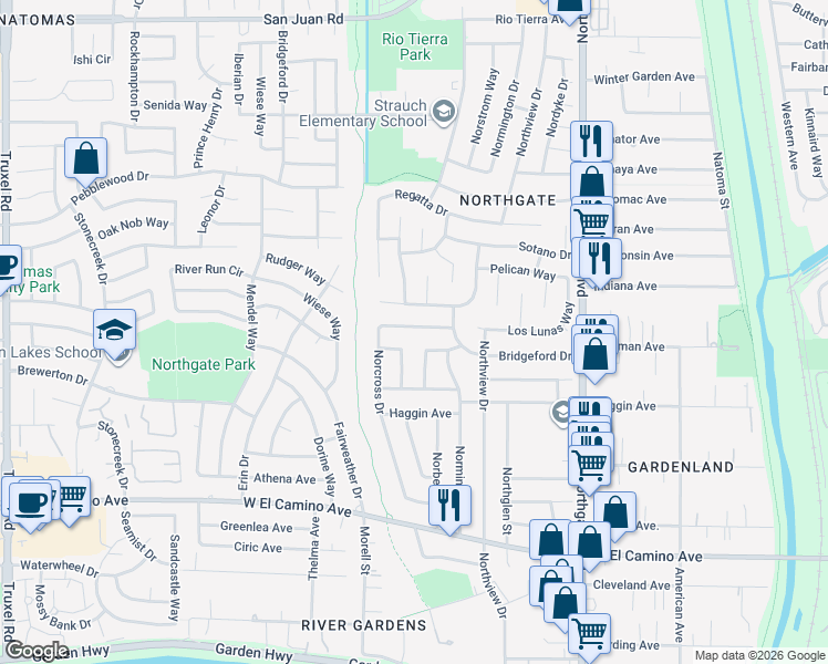 map of restaurants, bars, coffee shops, grocery stores, and more near 2851 Carberry Way in Sacramento