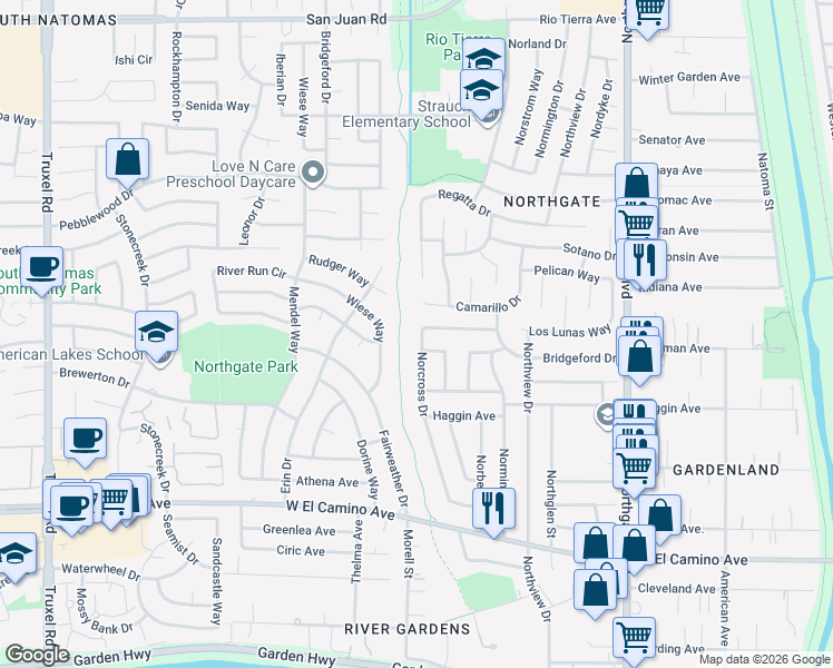 map of restaurants, bars, coffee shops, grocery stores, and more near 2855 Norcross Drive in Sacramento