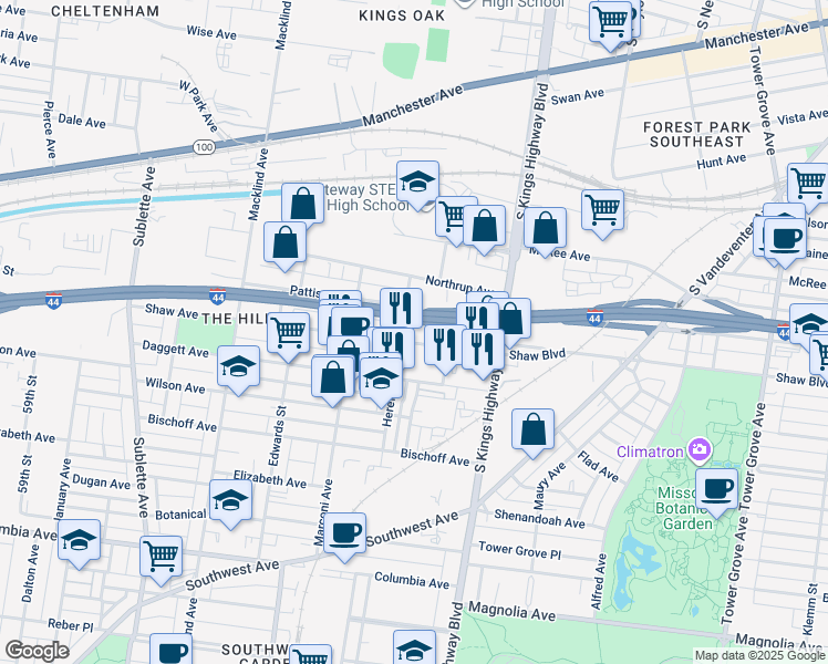 map of restaurants, bars, coffee shops, grocery stores, and more near 5040 Shaw Avenue in St. Louis