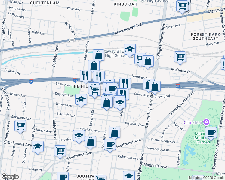 map of restaurants, bars, coffee shops, grocery stores, and more near 5212 Shaw Avenue in St. Louis