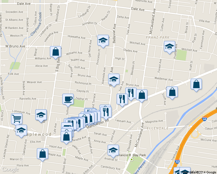map of restaurants, bars, coffee shops, grocery stores, and more near 2317 Bellevue Avenue in Maplewood