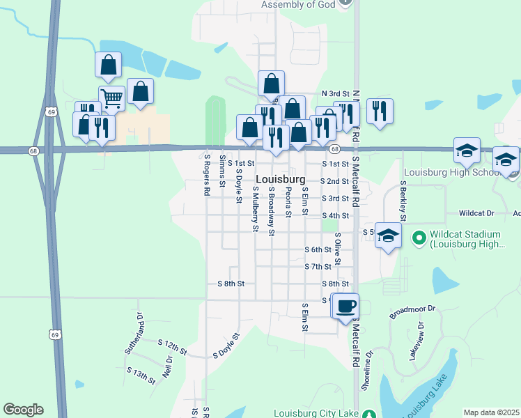 map of restaurants, bars, coffee shops, grocery stores, and more near 402 South Broadway Street in Louisburg