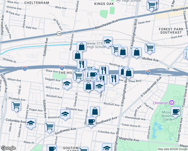 map of restaurants, bars, coffee shops, grocery stores, and more near 5124 Shaw Avenue in St. Louis