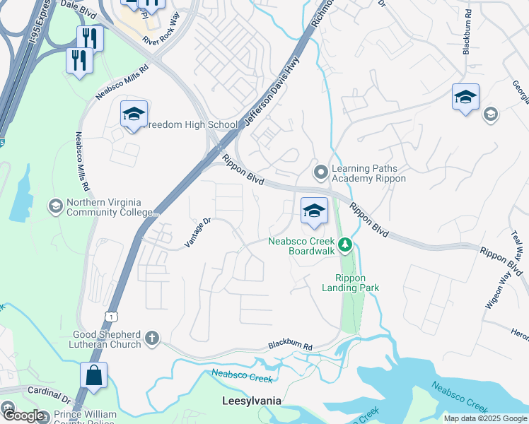map of restaurants, bars, coffee shops, grocery stores, and more near 15355 Gatehouse Terrace in Woodbridge