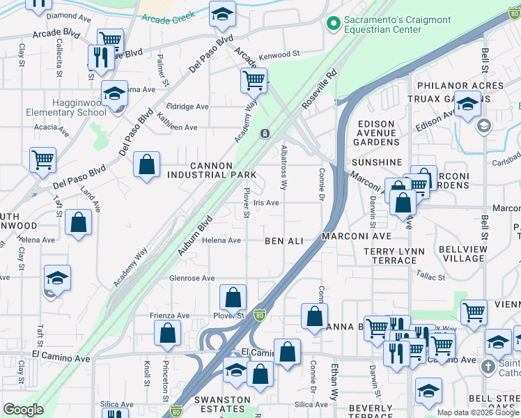 map of restaurants, bars, coffee shops, grocery stores, and more near 1806 Iris Avenue in Sacramento