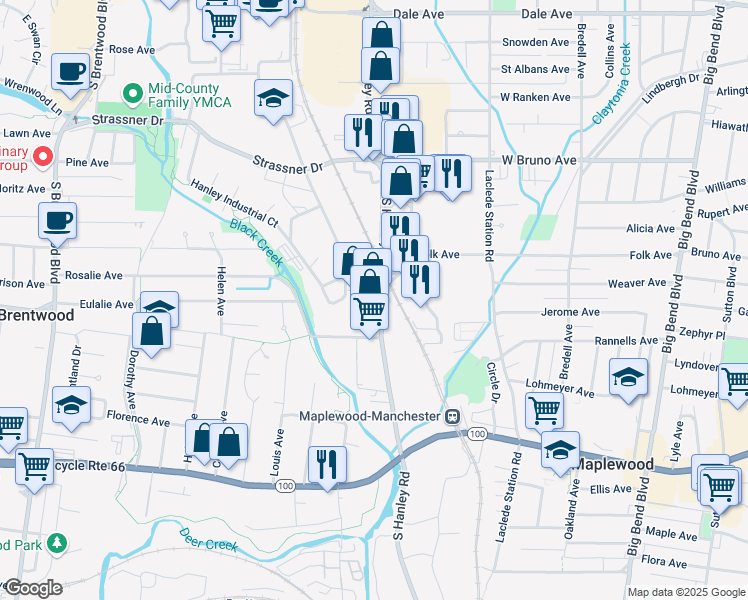 map of restaurants, bars, coffee shops, grocery stores, and more near 2353 South Hanley Road in Brentwood