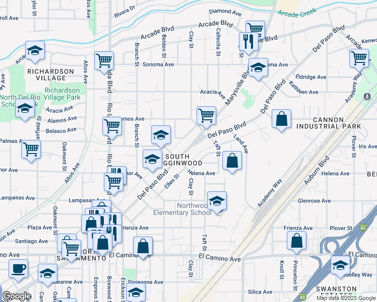 map of restaurants, bars, coffee shops, grocery stores, and more near 2834 Del Paso Boulevard in Sacramento