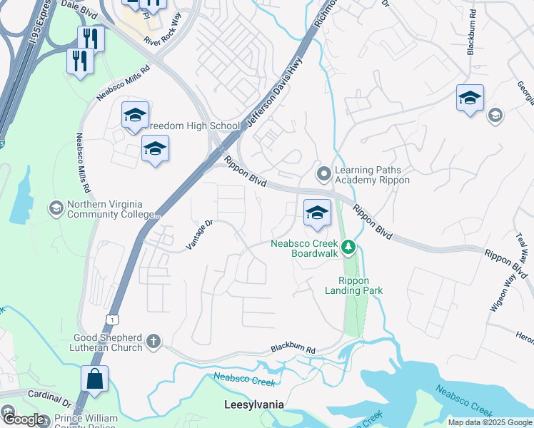map of restaurants, bars, coffee shops, grocery stores, and more near 15355 Gatehouse Terrace in Woodbridge