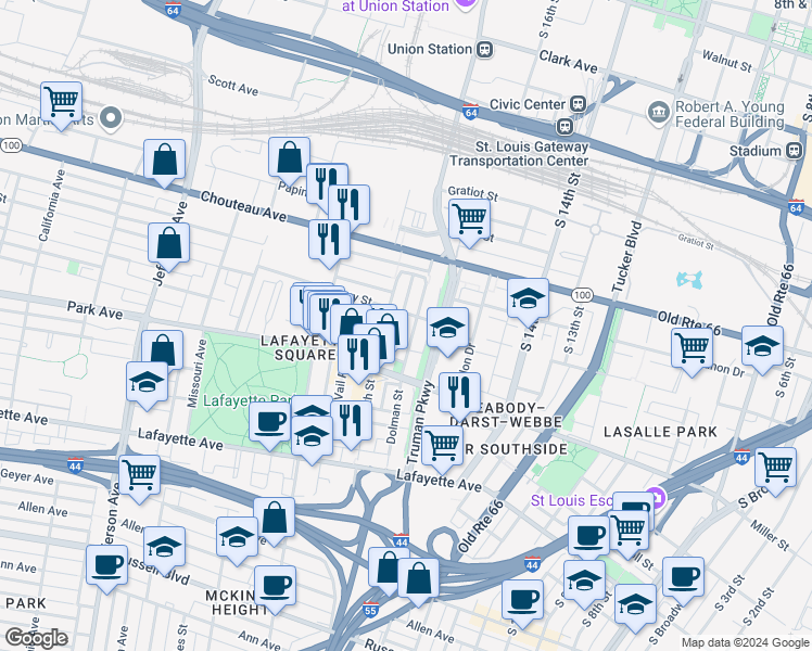 map of restaurants, bars, coffee shops, grocery stores, and more near 1209 Dolman Street in Saint Louis