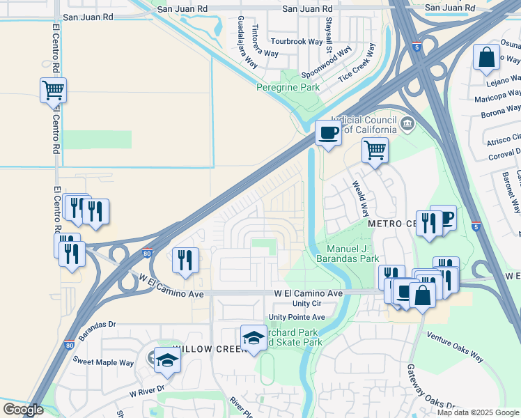 map of restaurants, bars, coffee shops, grocery stores, and more near 2983 Melo Pearl Street in Sacramento