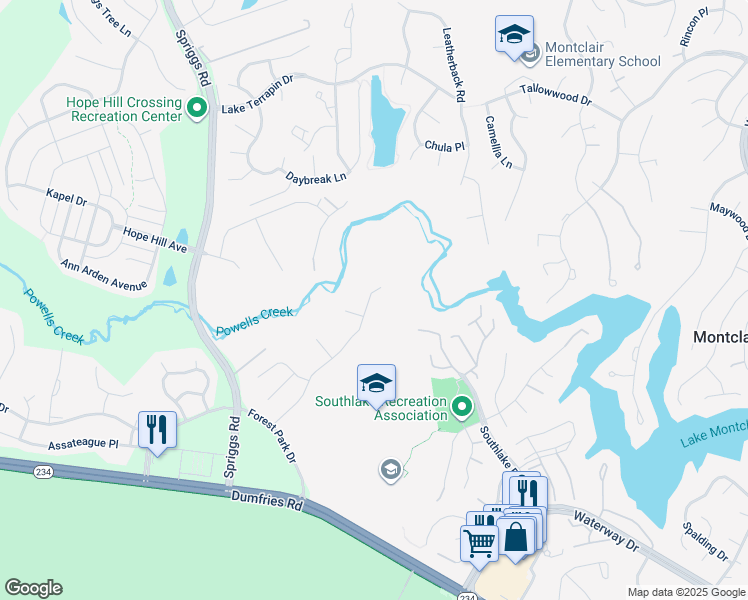 map of restaurants, bars, coffee shops, grocery stores, and more near 5285 Gunston Hall Drive in Woodbridge