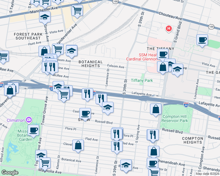 map of restaurants, bars, coffee shops, grocery stores, and more near 3959 Lafayette Avenue in St. Louis
