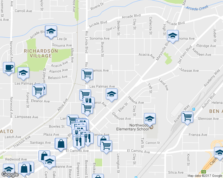 map of restaurants, bars, coffee shops, grocery stores, and more near 2754 Branch Street in Sacramento