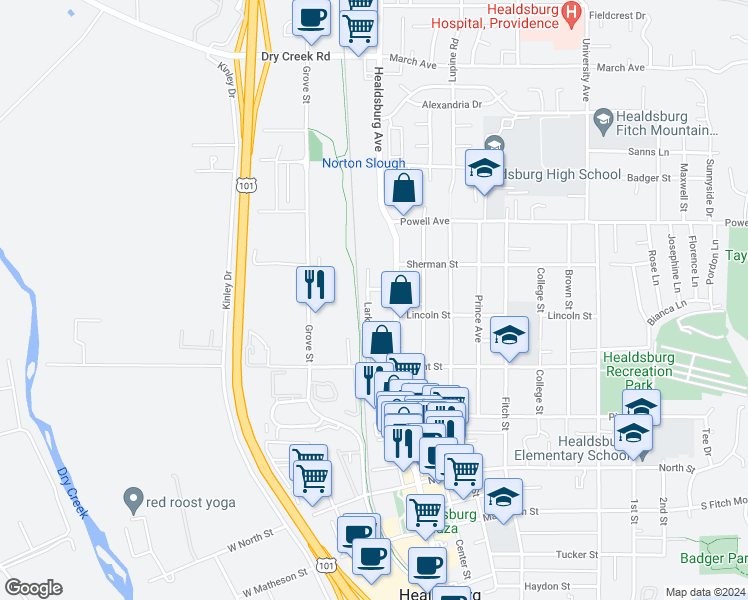 map of restaurants, bars, coffee shops, grocery stores, and more near 703 Larkspur Drive in Healdsburg