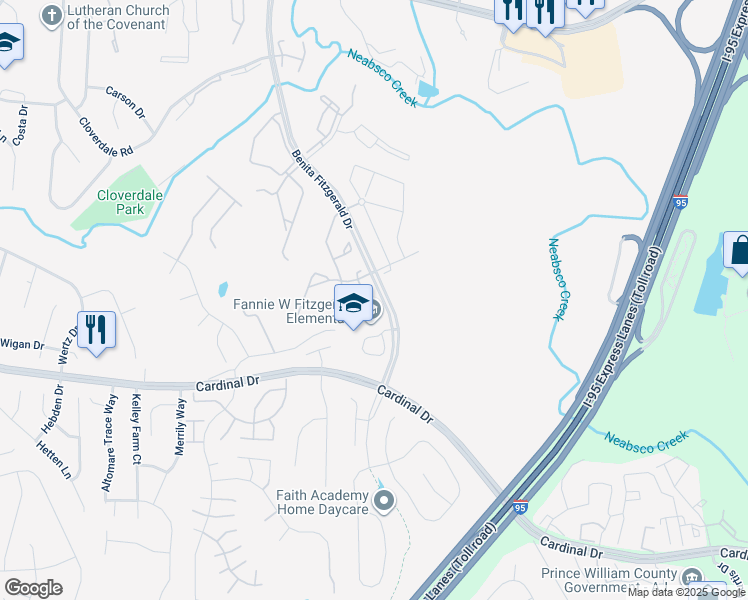 map of restaurants, bars, coffee shops, grocery stores, and more near 15523 Banjo Court in Woodbridge