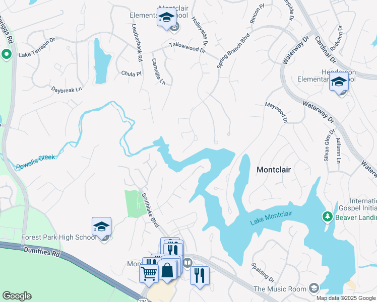 map of restaurants, bars, coffee shops, grocery stores, and more near 5251 Spring Branch Blvd in Dumfries