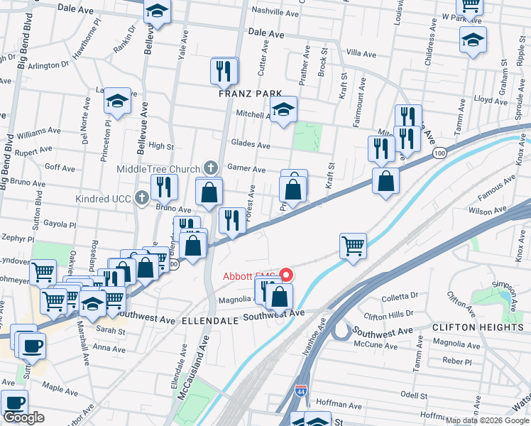 map of restaurants, bars, coffee shops, grocery stores, and more near 6837 Missouri 100 in St. Louis