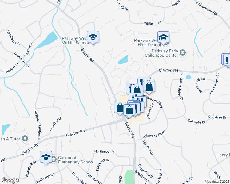 map of restaurants, bars, coffee shops, grocery stores, and more near 15035 Baxter Village Drive in Chesterfield