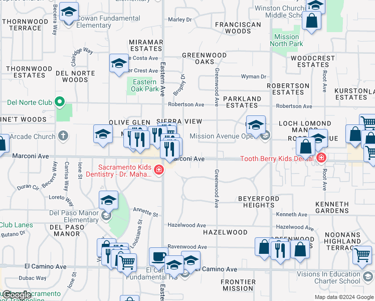 map of restaurants, bars, coffee shops, grocery stores, and more near 4400 Marconi Avenue in Sacramento