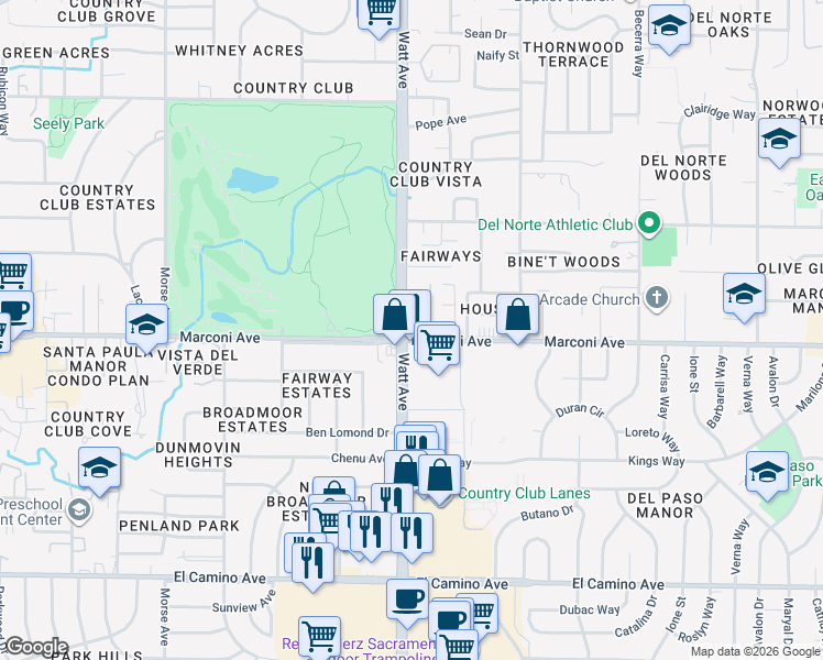 map of restaurants, bars, coffee shops, grocery stores, and more near in Arden-Arcade