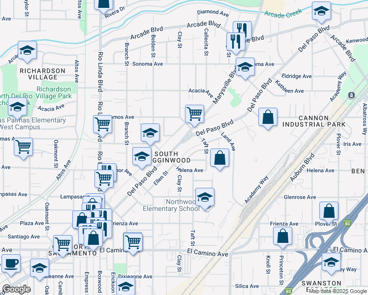 map of restaurants, bars, coffee shops, grocery stores, and more near 2825 Janette Way in Sacramento